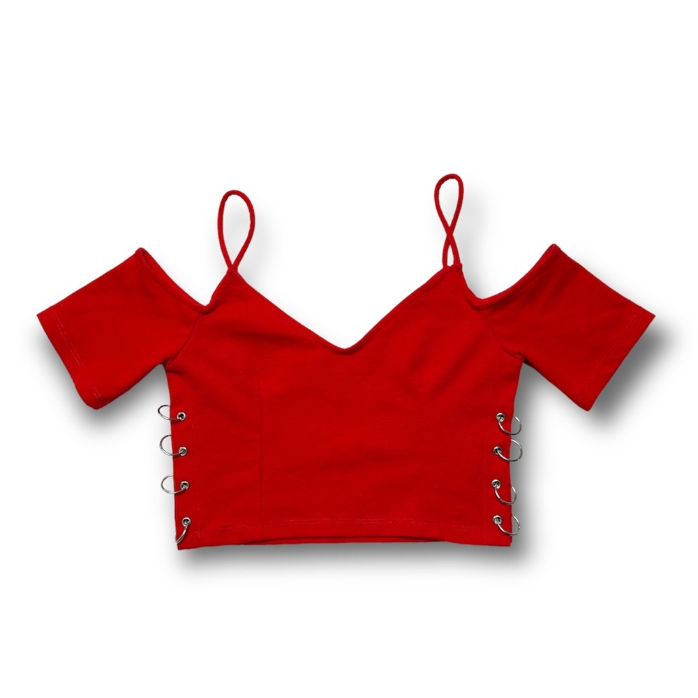 Women’s Red Topshop Cropped Top Cold Shoulder Spaghetti Strap V neck - Picture 1 of 14